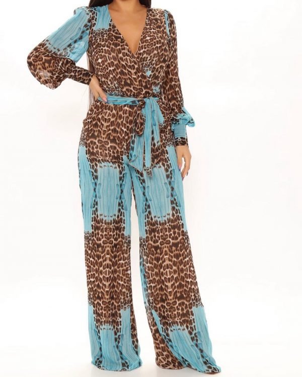 Long sleeve leopard print jumpsuit in aqua combo 1