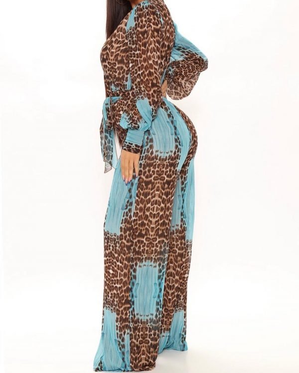 Long sleeve leopard print jumpsuit in aqua combo 3