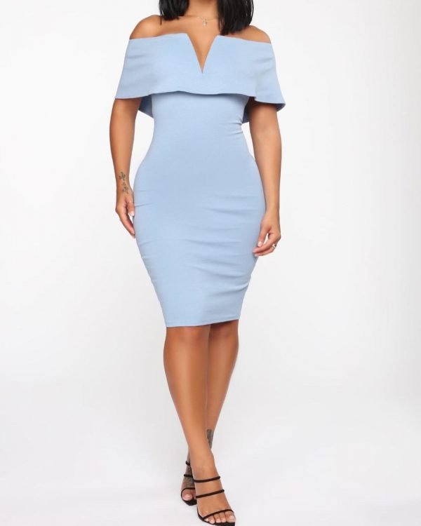 Wear a shoulder dress in blue color 3