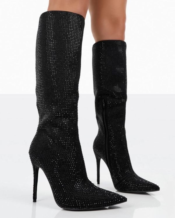 Shiny diamantes pointed toe heeled boots 4