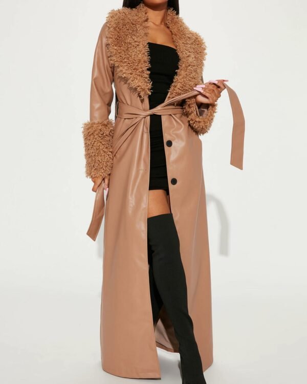 Faux Fur Collar And Cuffs Faux Leather Coat 1