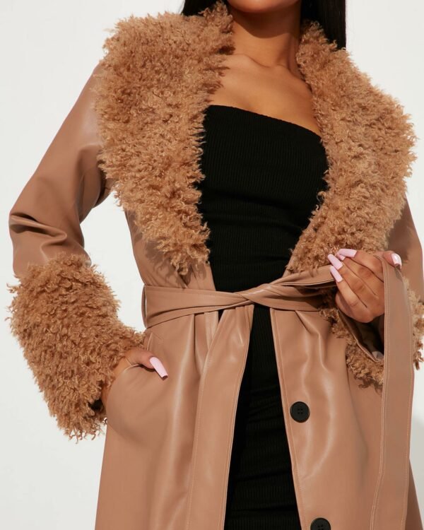 Faux Fur Collar And Cuffs Faux Leather Coat 3