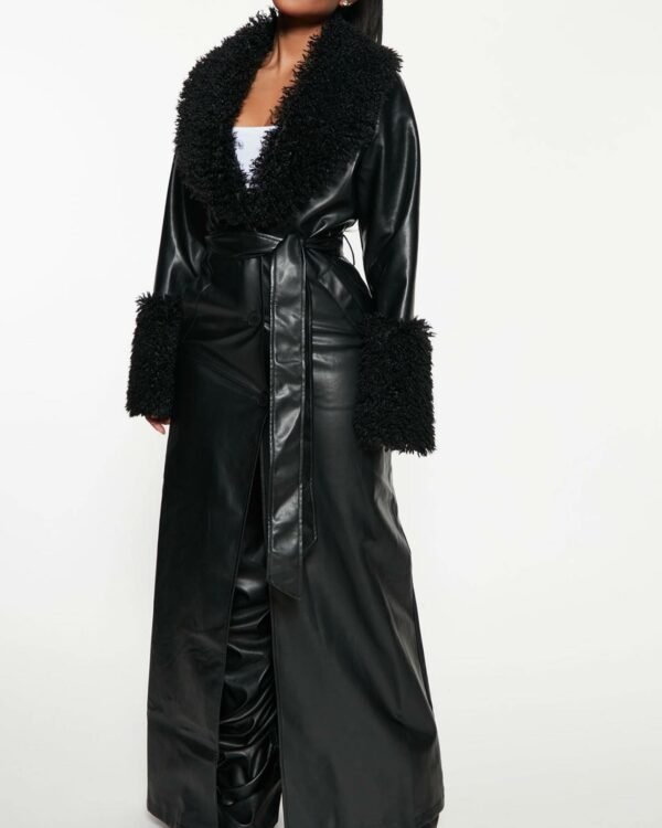 Faux Fur Collar And Cuffs Faux Leather Coat 5